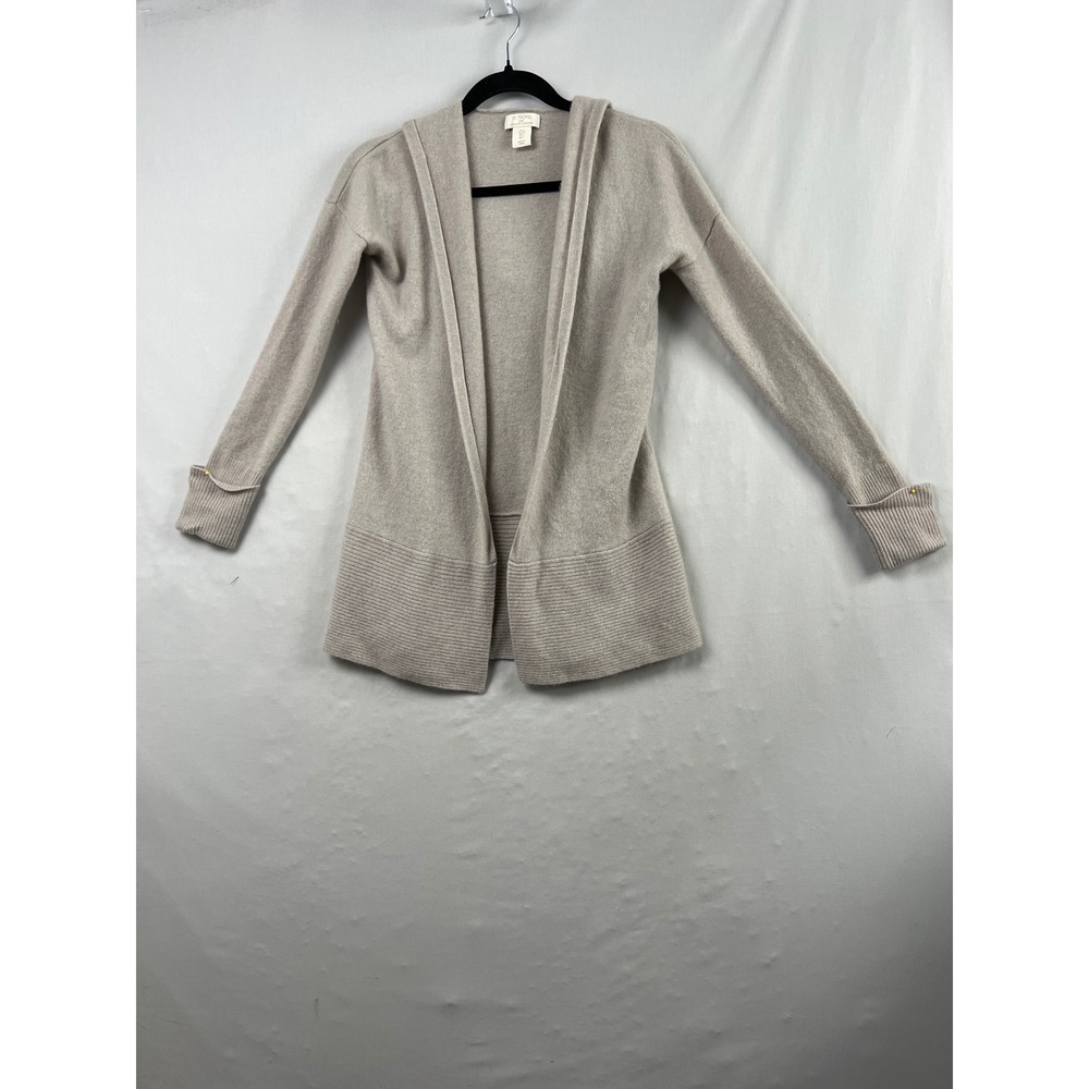 St Tropez West Hooded Cardigan Womens S Beige 100% Cashmere Open Front Ribbed